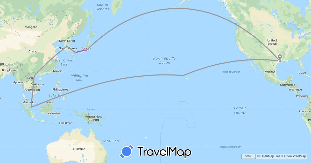 TravelMap itinerary: plane, train in Japan, South Korea, Singapore, United States, Vietnam (Asia, North America)